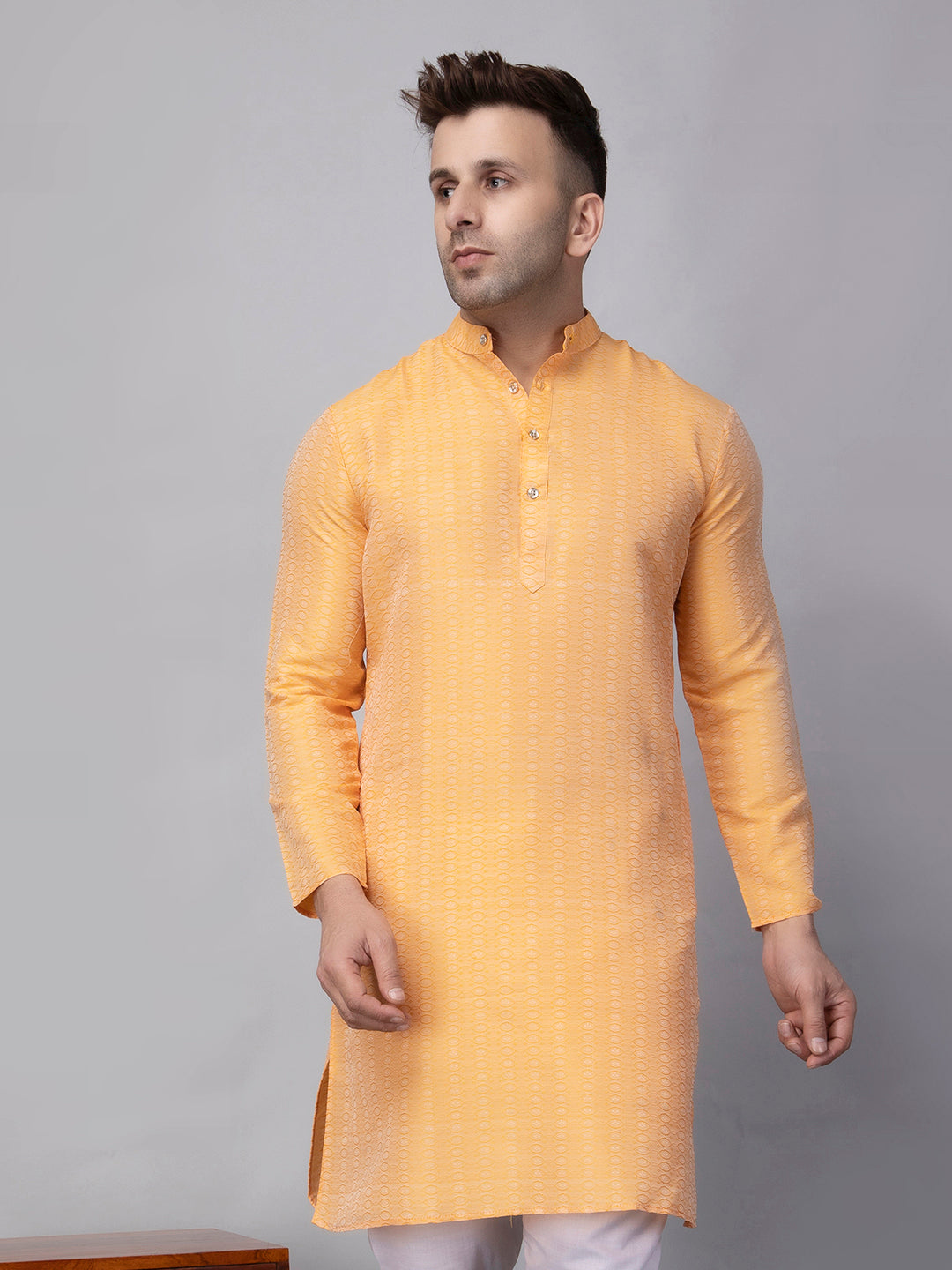 Hangup Men's Ethnic Jacquard Orange Kurta