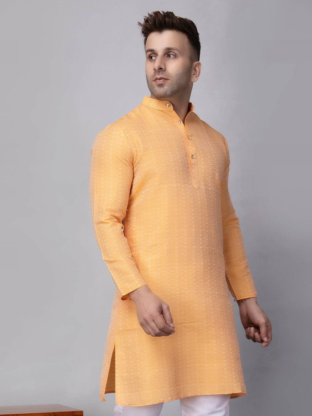 Hangup Men's Ethnic Jacquard Orange Kurta