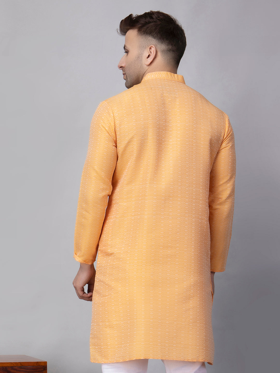 Hangup Men's Ethnic Jacquard Orange Kurta