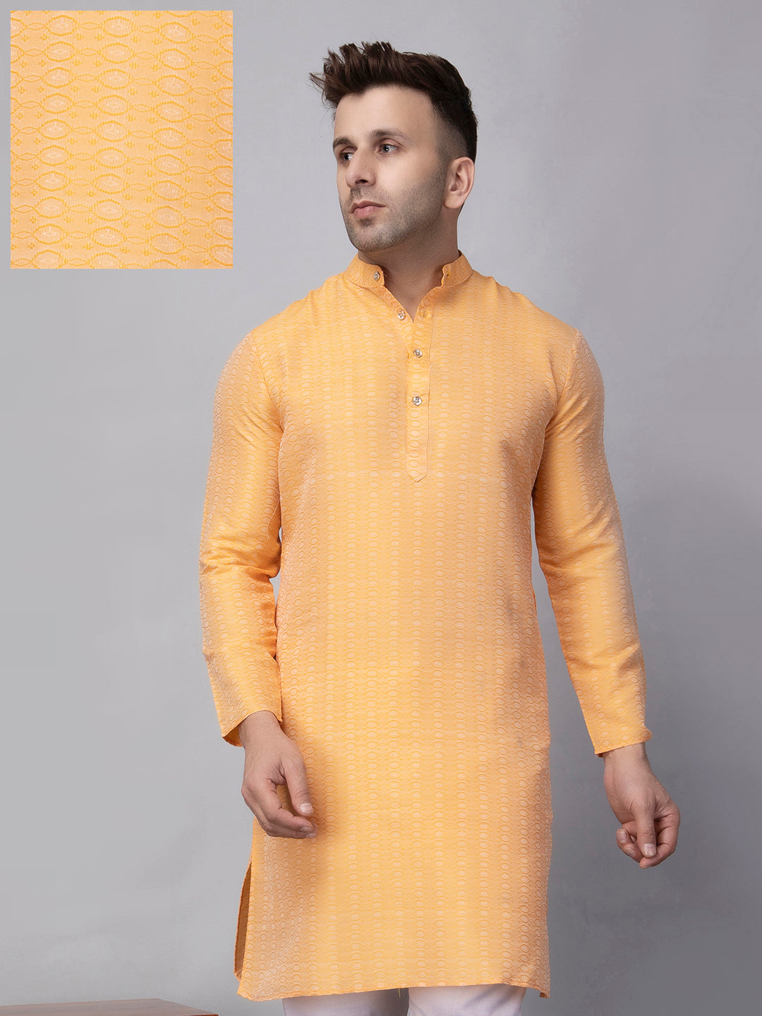 Hangup Men's Ethnic Jacquard Orange Kurta