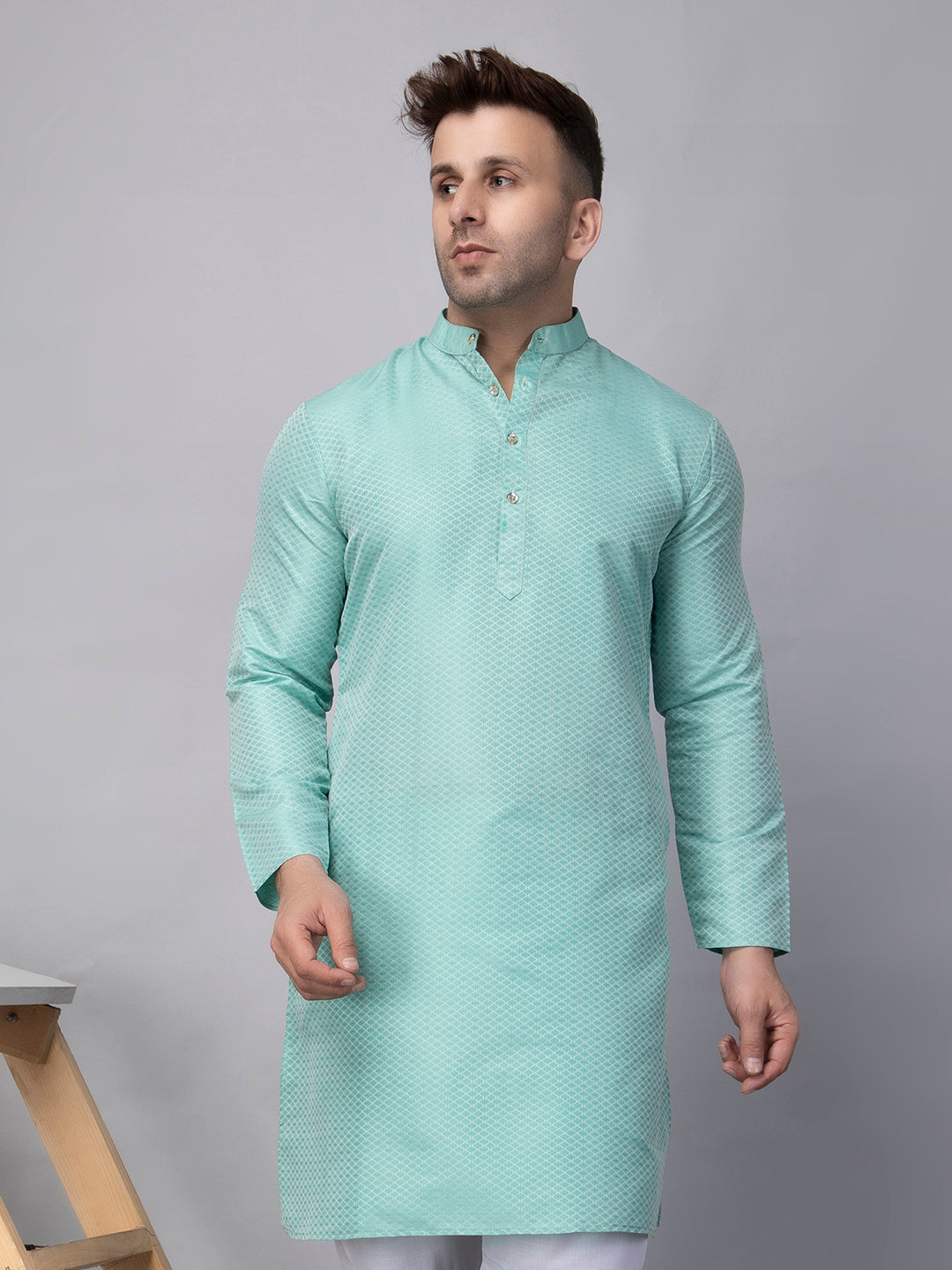 Hangup Men's Ethnic Jacquard Sky Blue Kurta