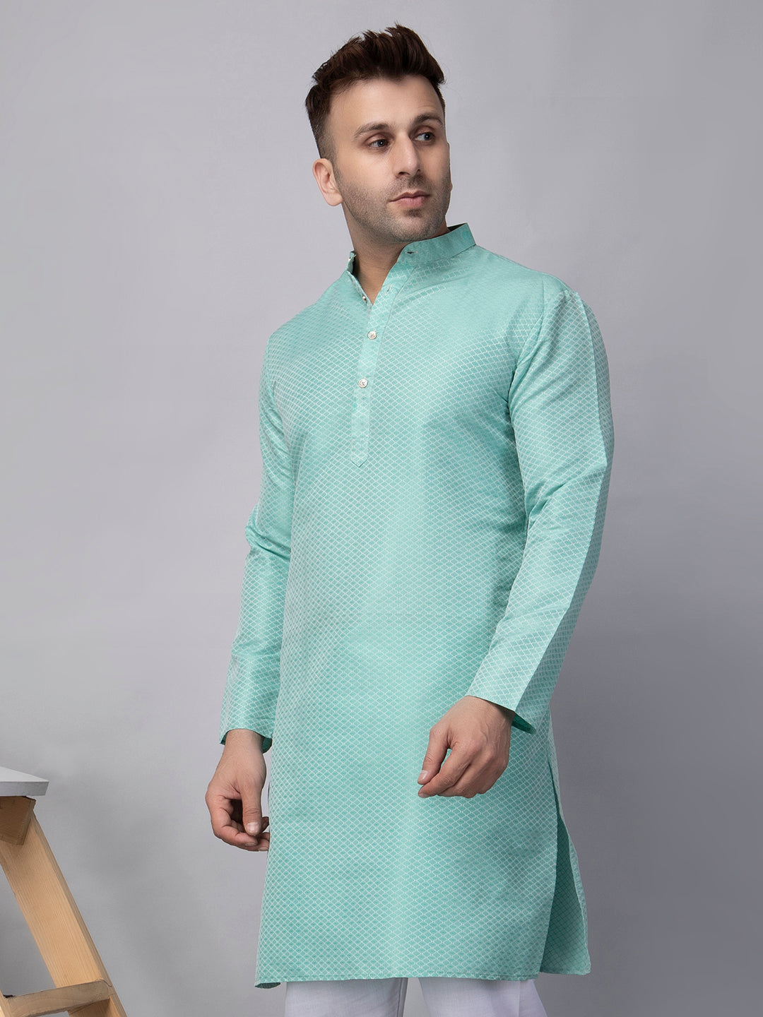 Hangup Men's Ethnic Jacquard Sky Blue Kurta