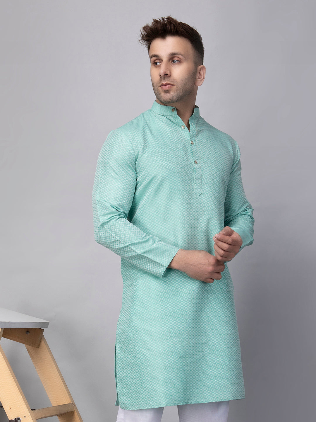 Hangup Men's Ethnic Jacquard Sky Blue Kurta