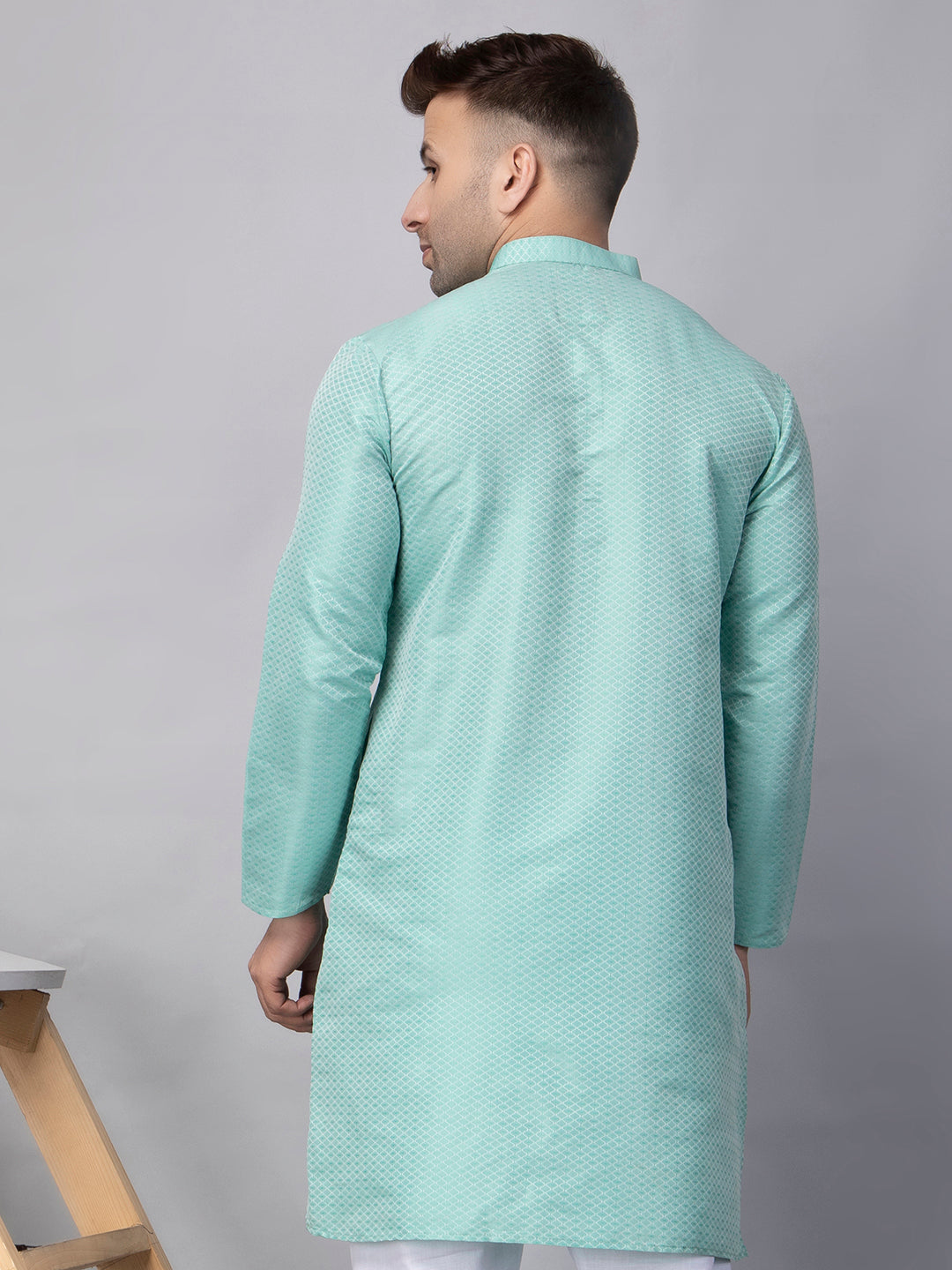 Hangup Men's Ethnic Jacquard Sky Blue Kurta