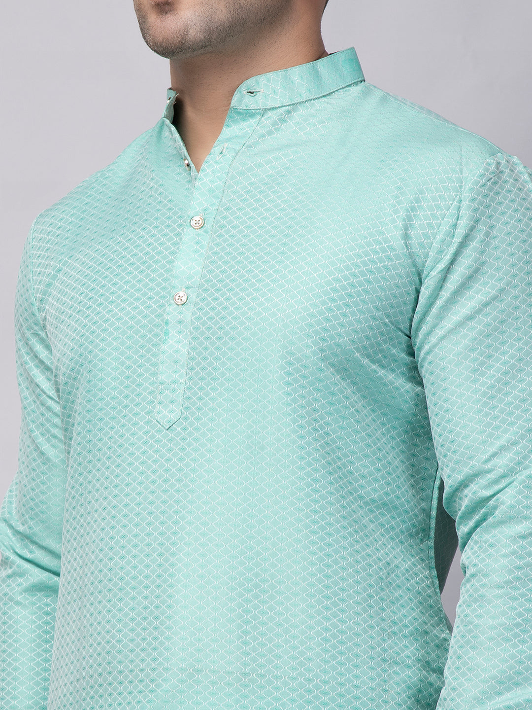 Hangup Men's Ethnic Jacquard Sky Blue Kurta