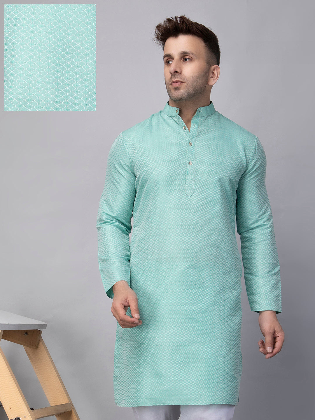 Hangup Men's Ethnic Jacquard Sky Blue Kurta