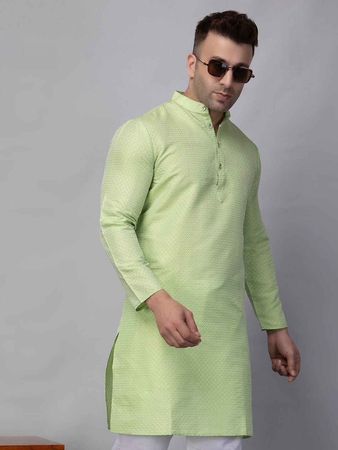 Hangup Men's Ethnic Jacquard Green Kurta