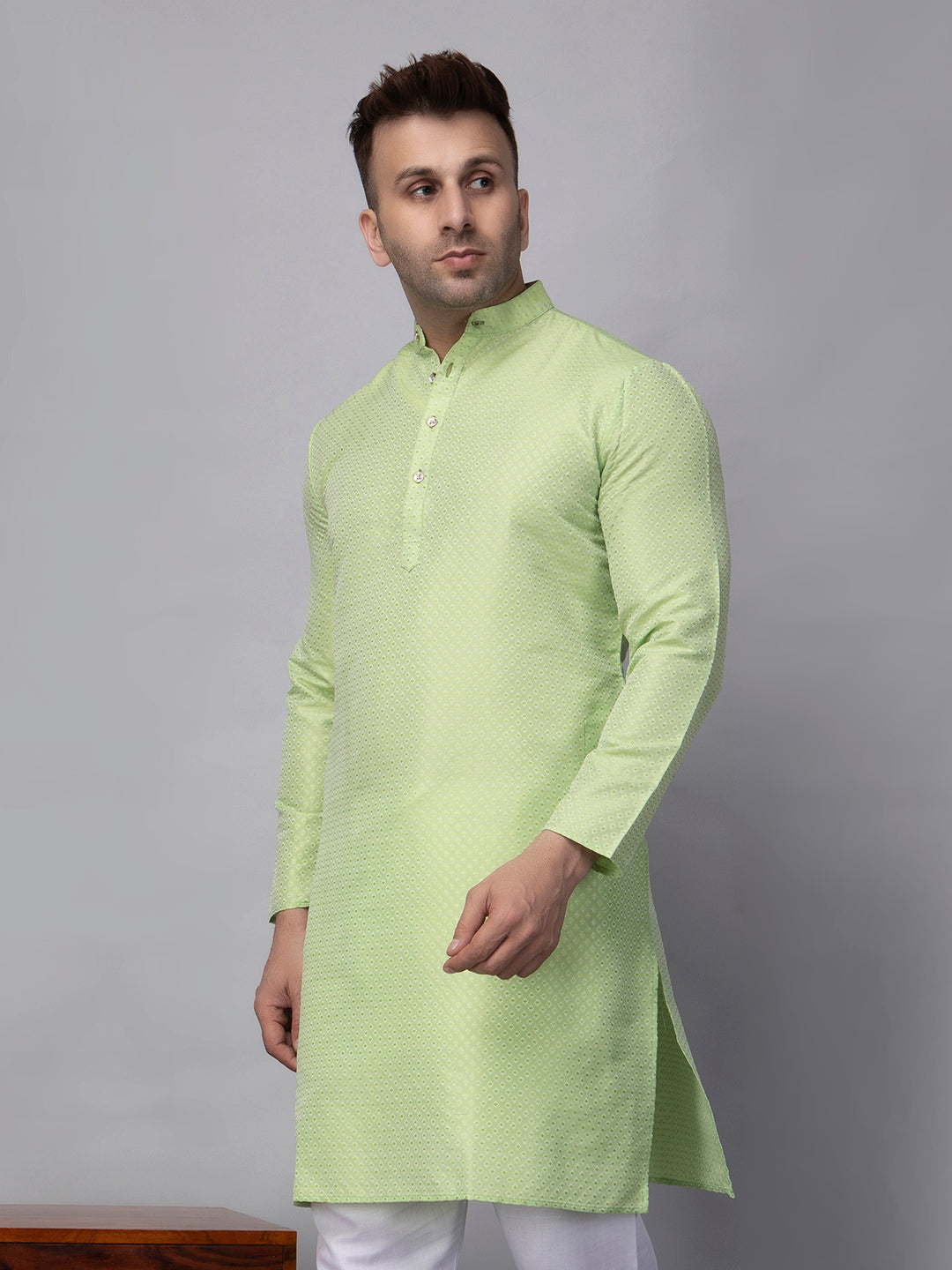 Hangup Men's Ethnic Jacquard Green Kurta