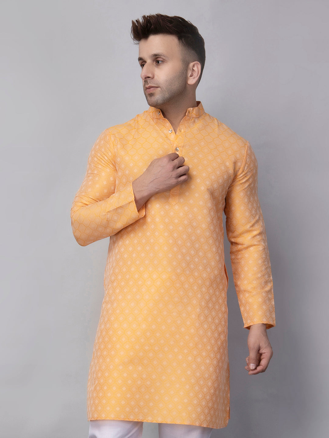 Hangup Men's Ethnic Jacquard Lemon Kurta