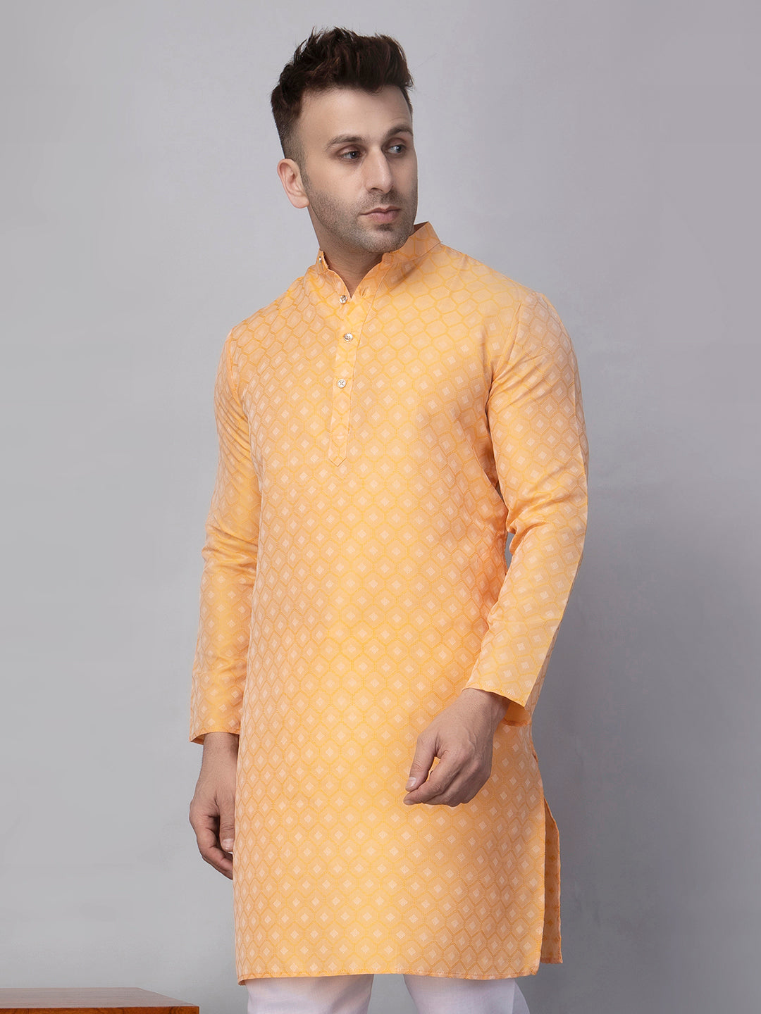 Hangup Men's Ethnic Jacquard Lemon Kurta