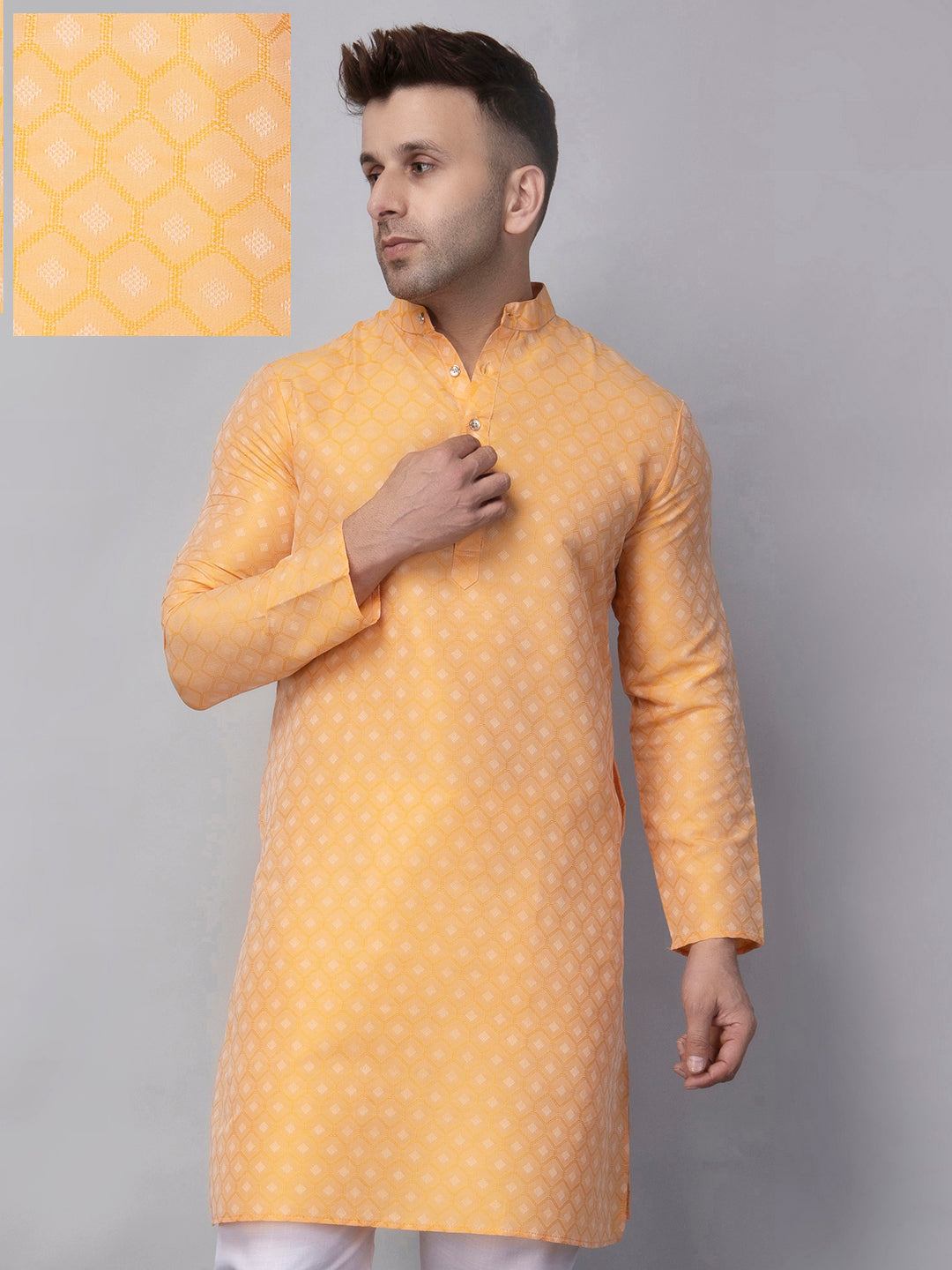 Hangup Men's Ethnic Jacquard Lemon Kurta