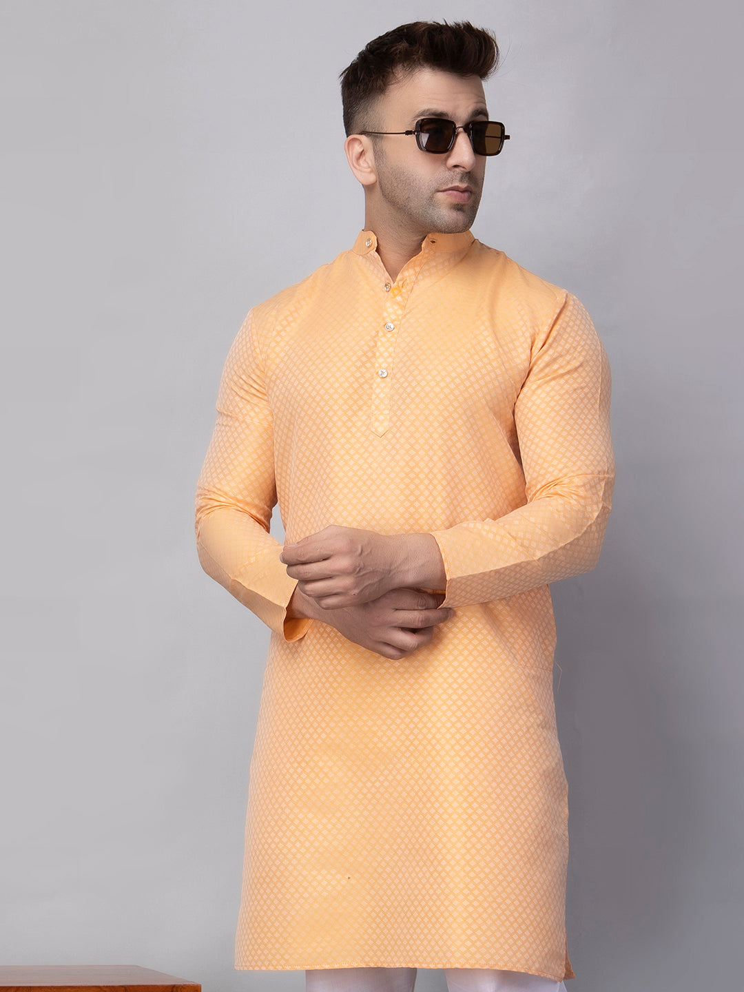 Hangup Men's Ethnic Jacquard Lemon Kurta