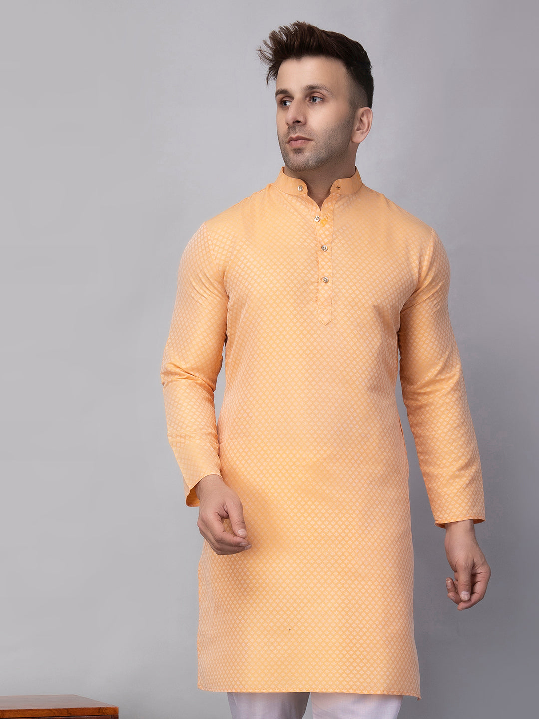 Hangup Men's Ethnic Jacquard Lemon Kurta