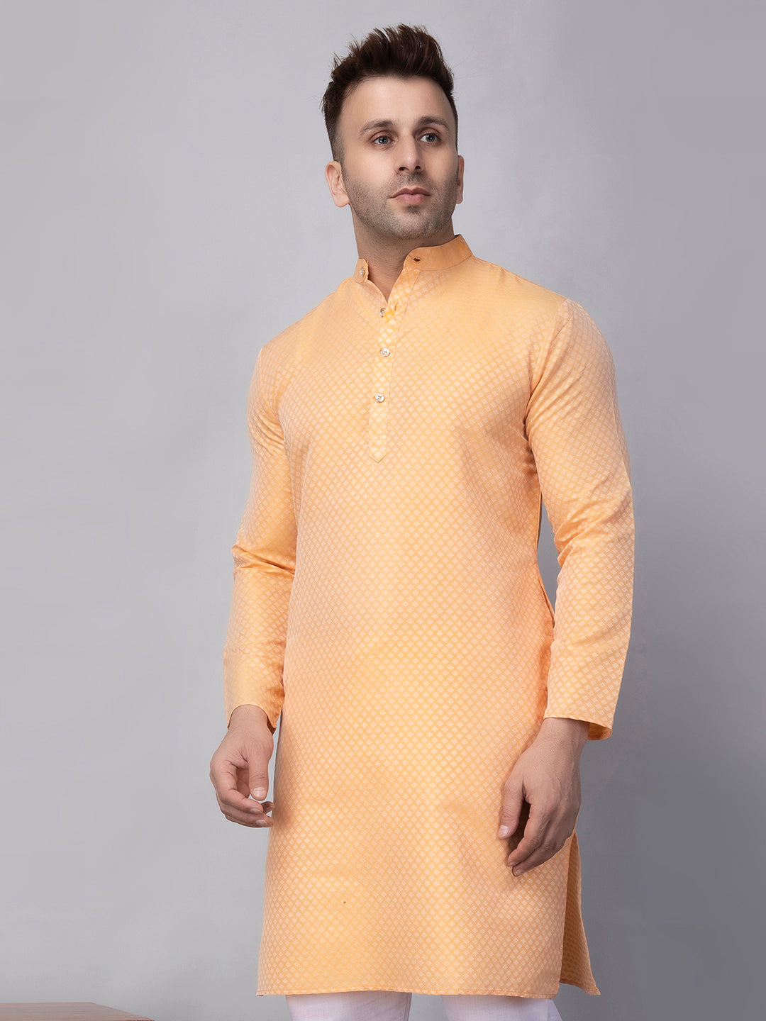 Hangup Men's Ethnic Jacquard Lemon Kurta