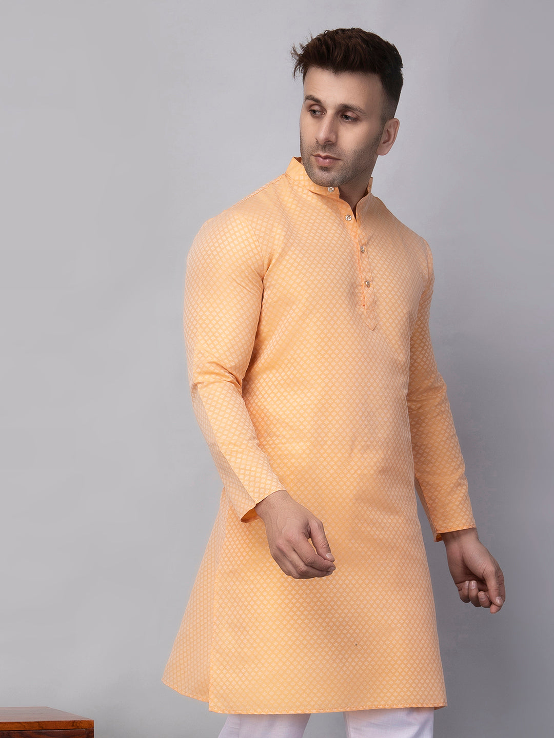 Hangup Men's Ethnic Jacquard Lemon Kurta