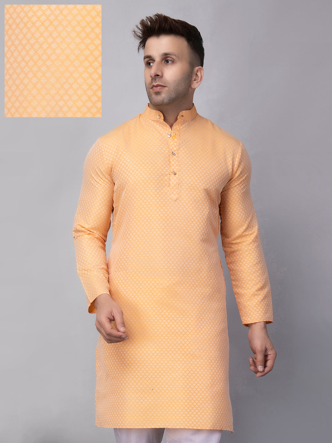 Hangup Men's Ethnic Jacquard Lemon Kurta