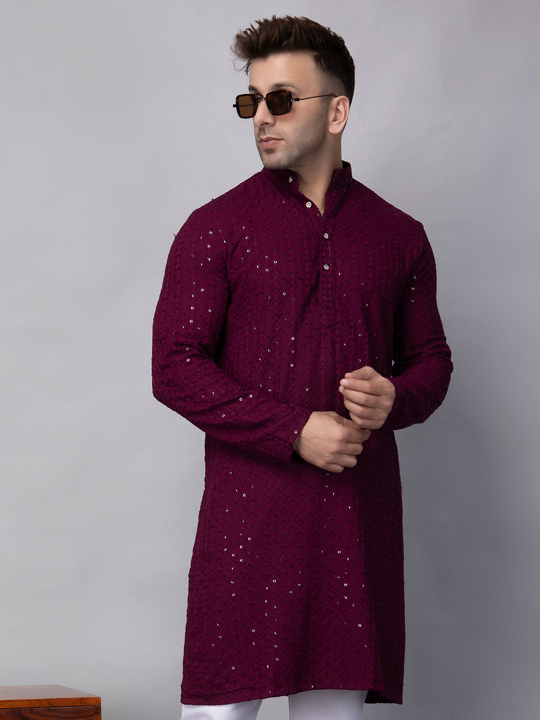 Hangup Men's Ethnic Jacquard maroon Kurta