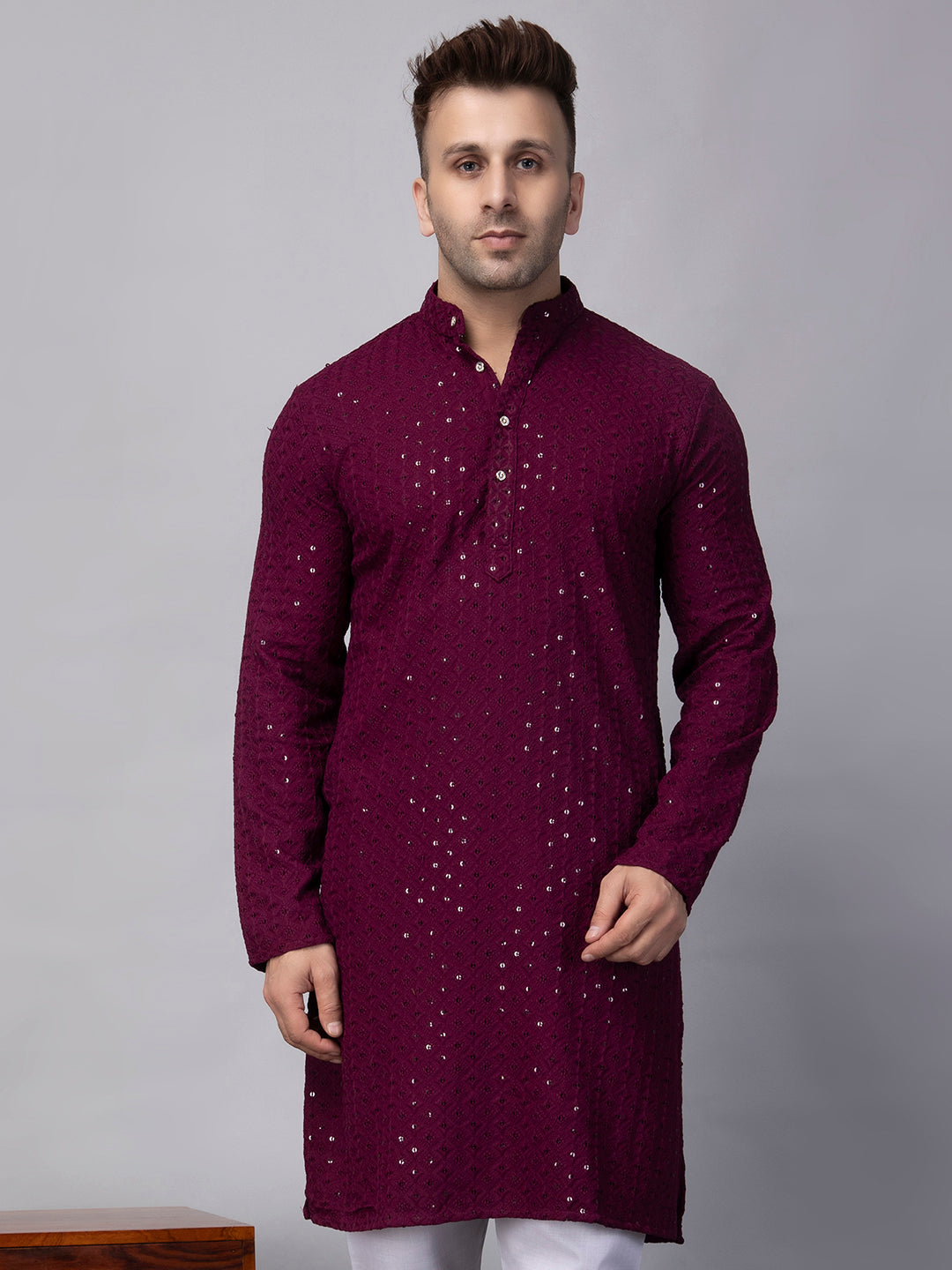 Hangup Men's Ethnic Jacquard maroon Kurta