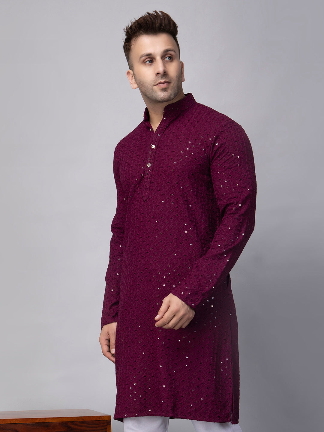 Hangup Men's Ethnic Jacquard maroon Kurta