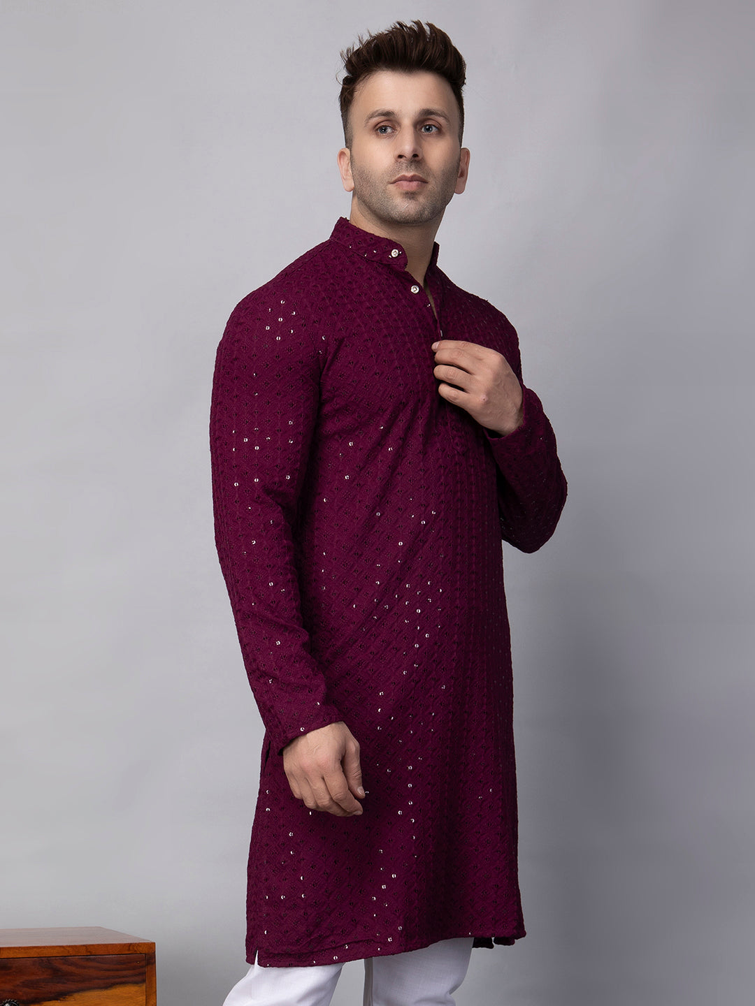 Hangup Men's Ethnic Jacquard maroon Kurta