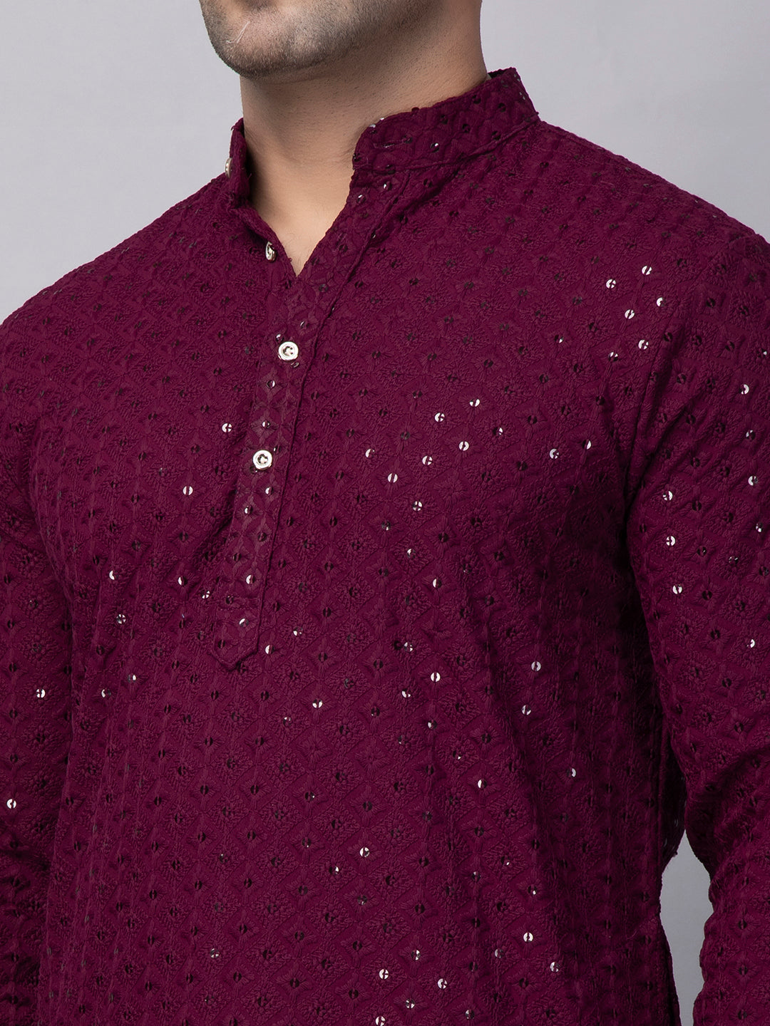 Hangup Men's Ethnic Jacquard maroon Kurta