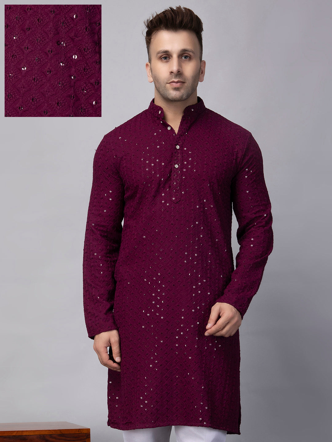 Hangup Men's Ethnic Jacquard maroon Kurta