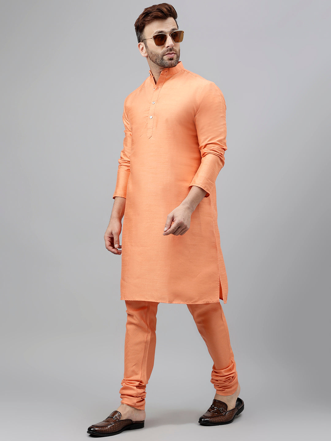 Hangup Men's Ethnic Solid Dark Peach Kurta