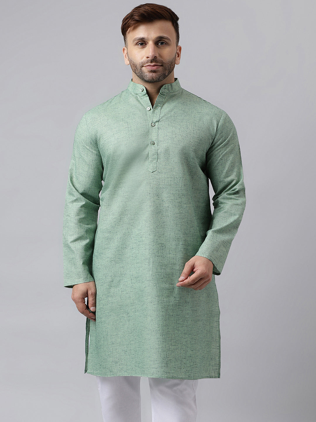 Hangup Men's Ethnic Solid/self weaved Green Kurta