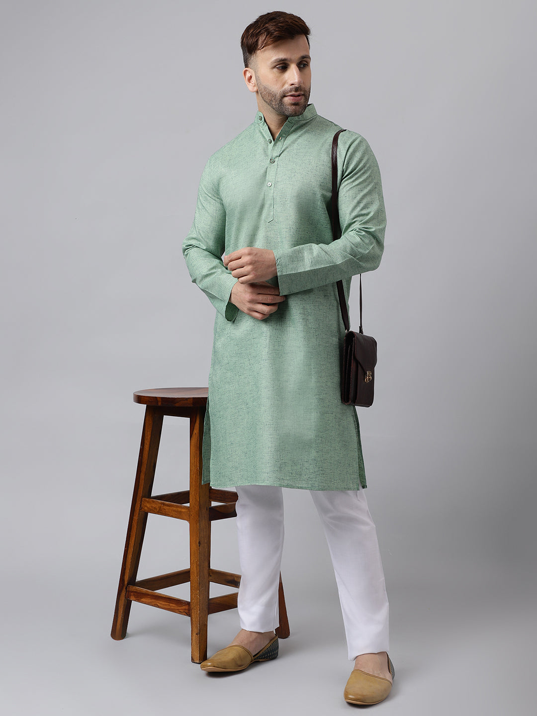 Hangup Men's Ethnic Solid/self weaved Green Kurta