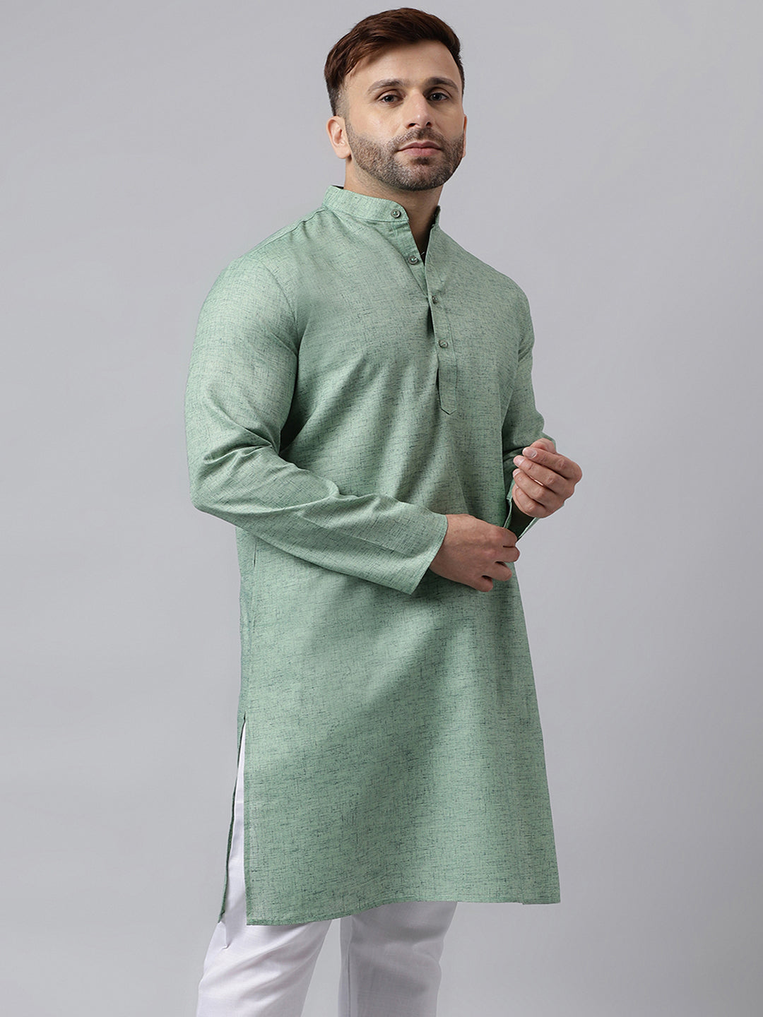 Hangup Men's Ethnic Solid/self weaved Green Kurta