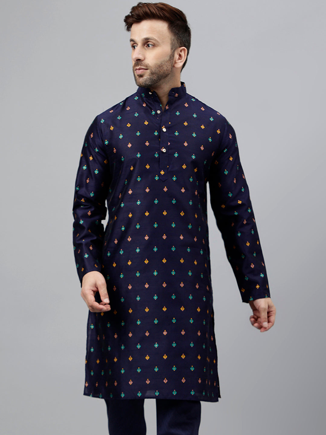 Hangup Men's Ethnic Jacquard Embroidered blue Kurta