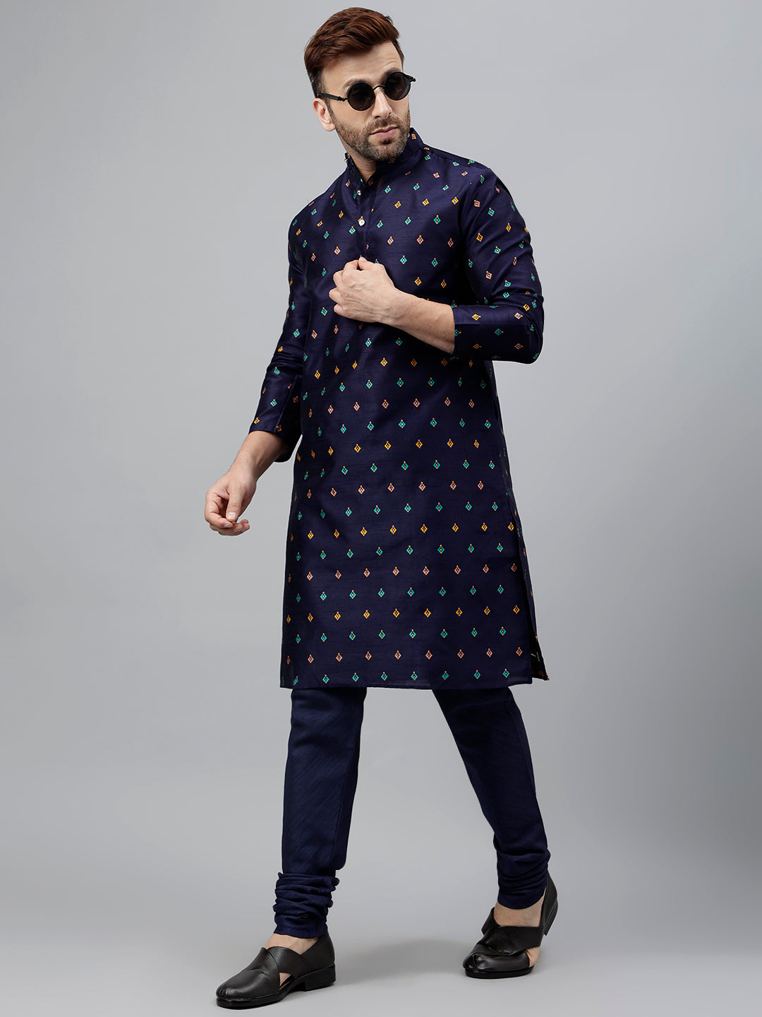 Hangup Men's Ethnic Jacquard Embroidered blue Kurta