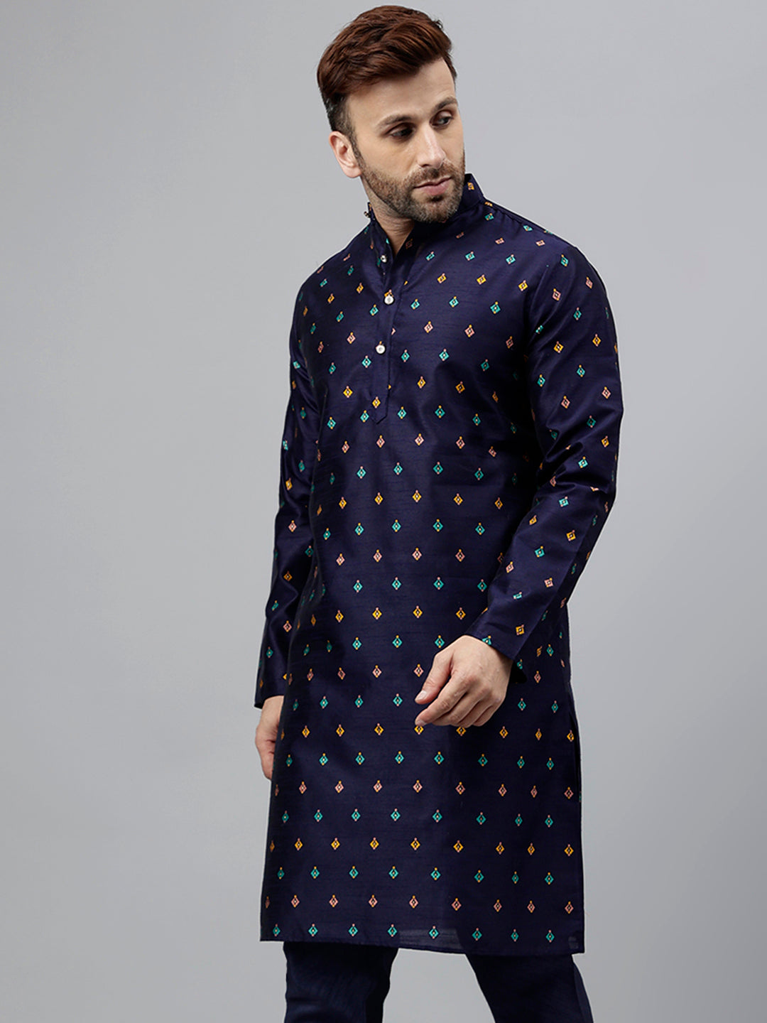 Hangup Men's Ethnic Jacquard Embroidered blue Kurta