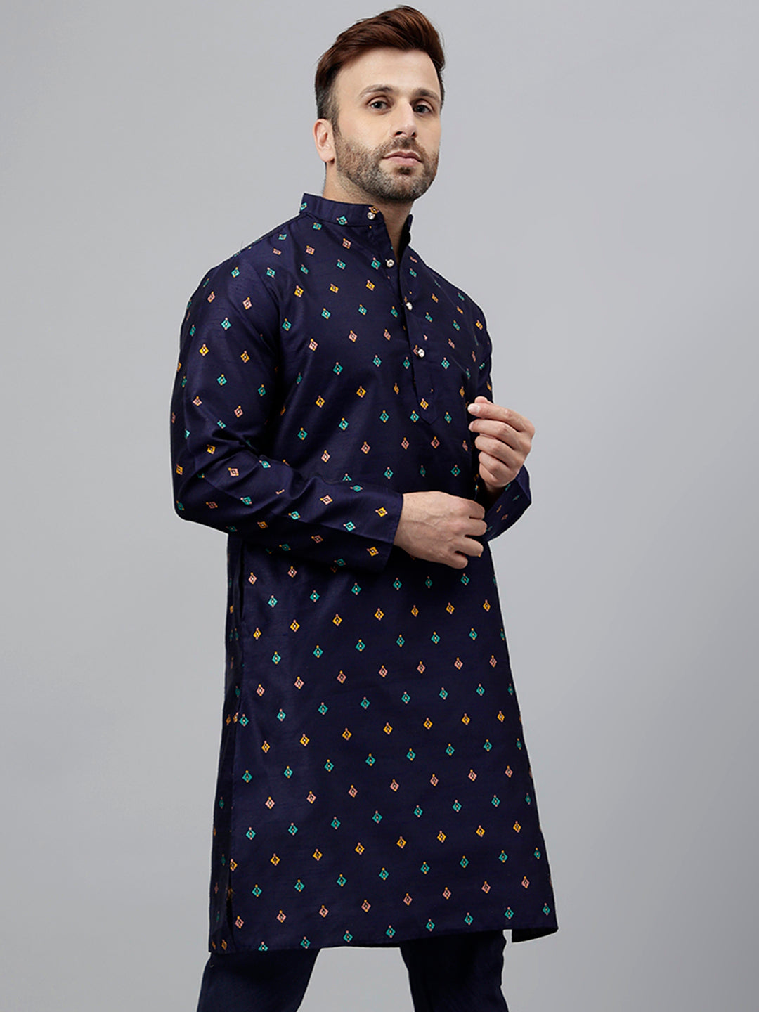 Hangup Men's Ethnic Jacquard Embroidered blue Kurta