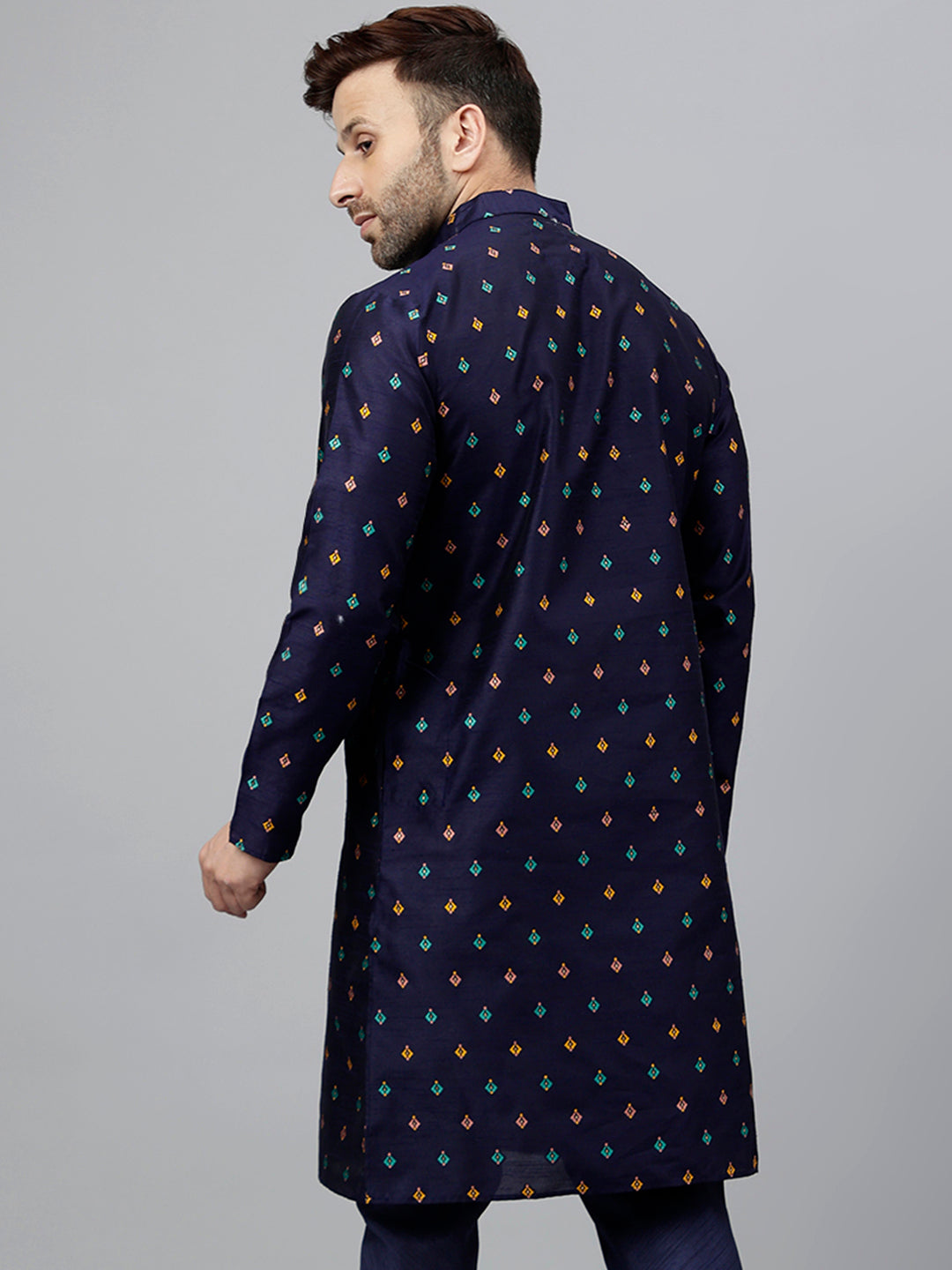 Hangup Men's Ethnic Jacquard Embroidered blue Kurta