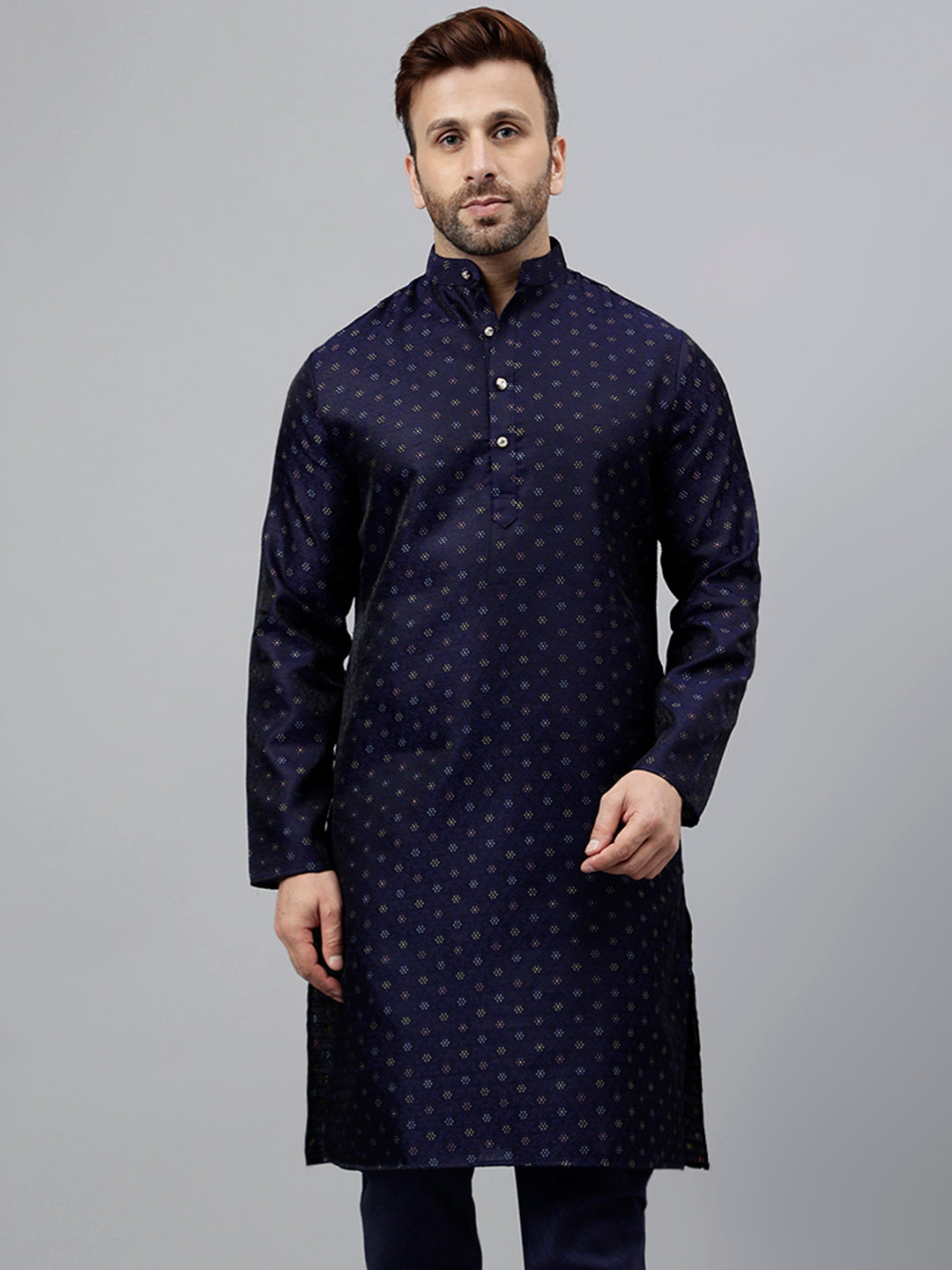 Hangup Men's Ethnic Jacquard Embroidered blue Kurta