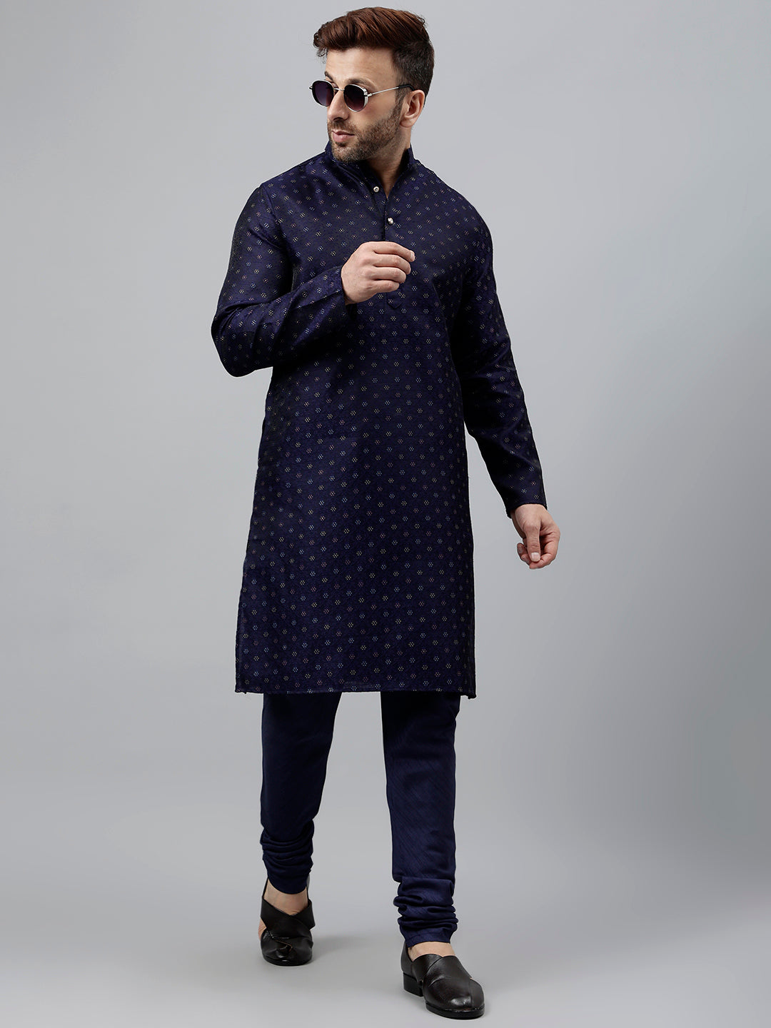 Hangup Men's Ethnic Jacquard Embroidered blue Kurta