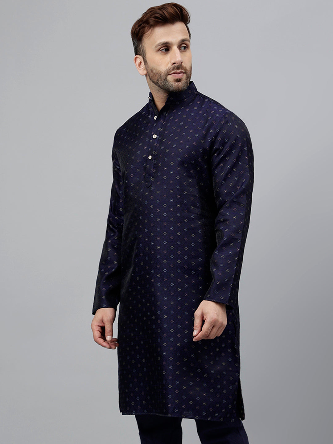 Hangup Men's Ethnic Jacquard Embroidered blue Kurta