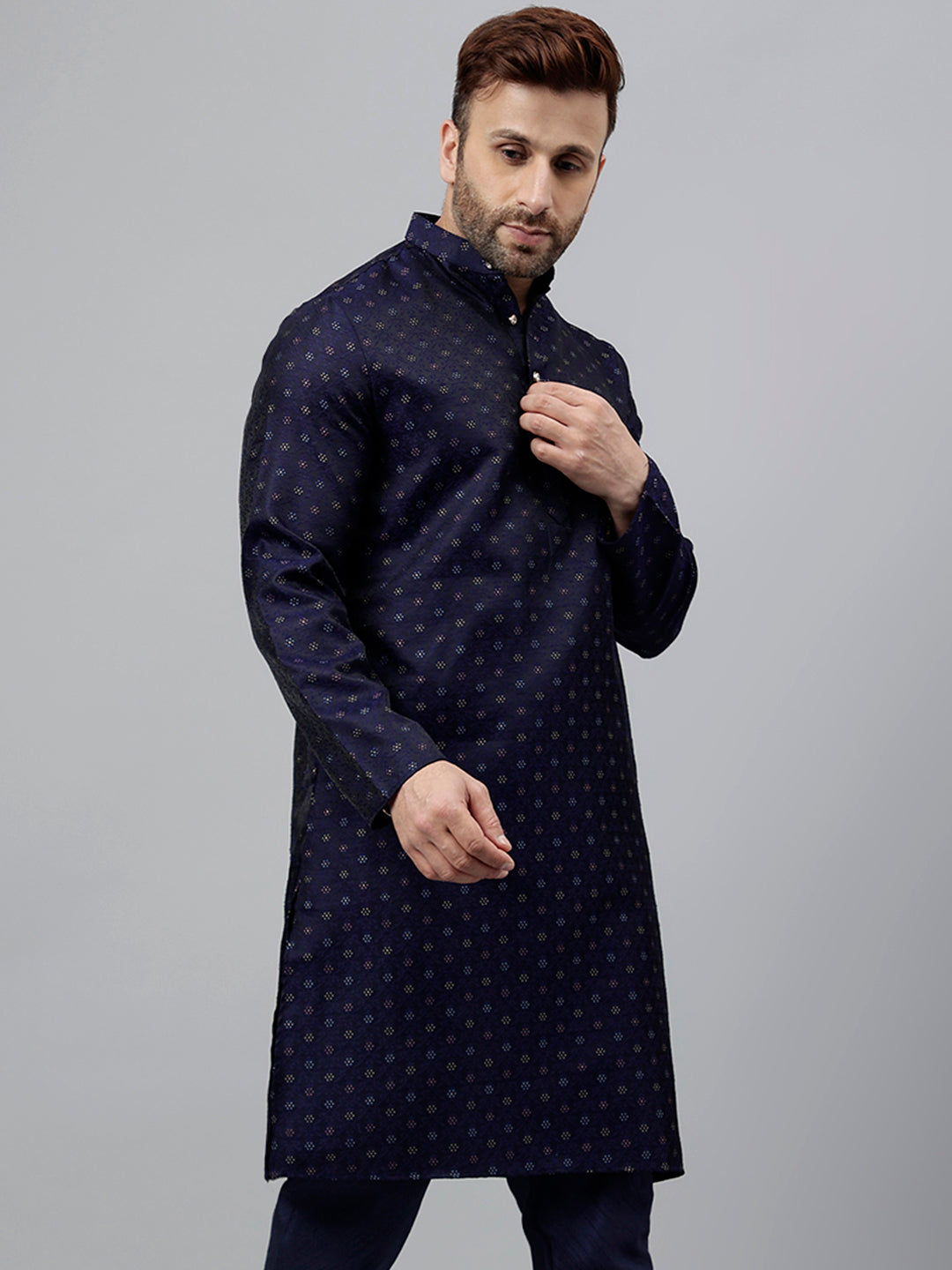 Hangup Men's Ethnic Jacquard Embroidered blue Kurta