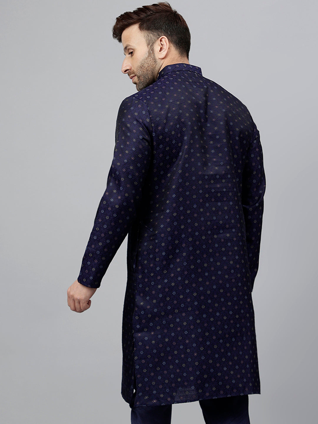 Hangup Men's Ethnic Jacquard Embroidered blue Kurta