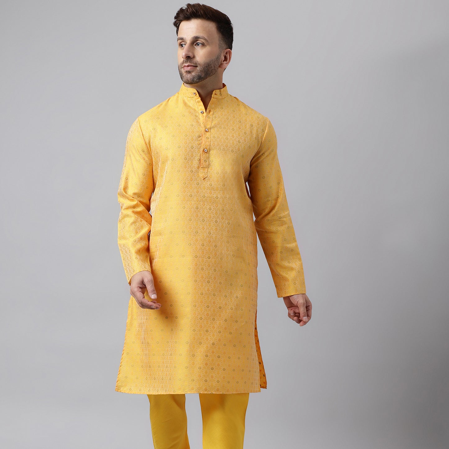 Hangup Men's Ethnic Jacquard Embroidered Yellow Kurta