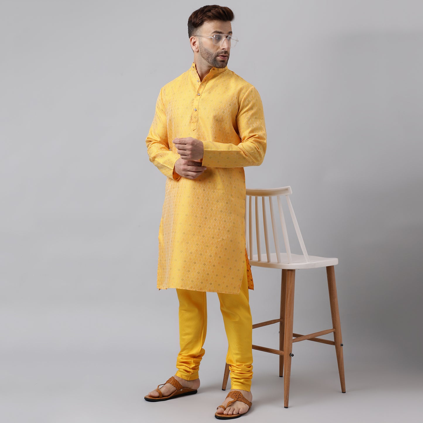 Hangup Men's Ethnic Jacquard Embroidered Yellow Kurta