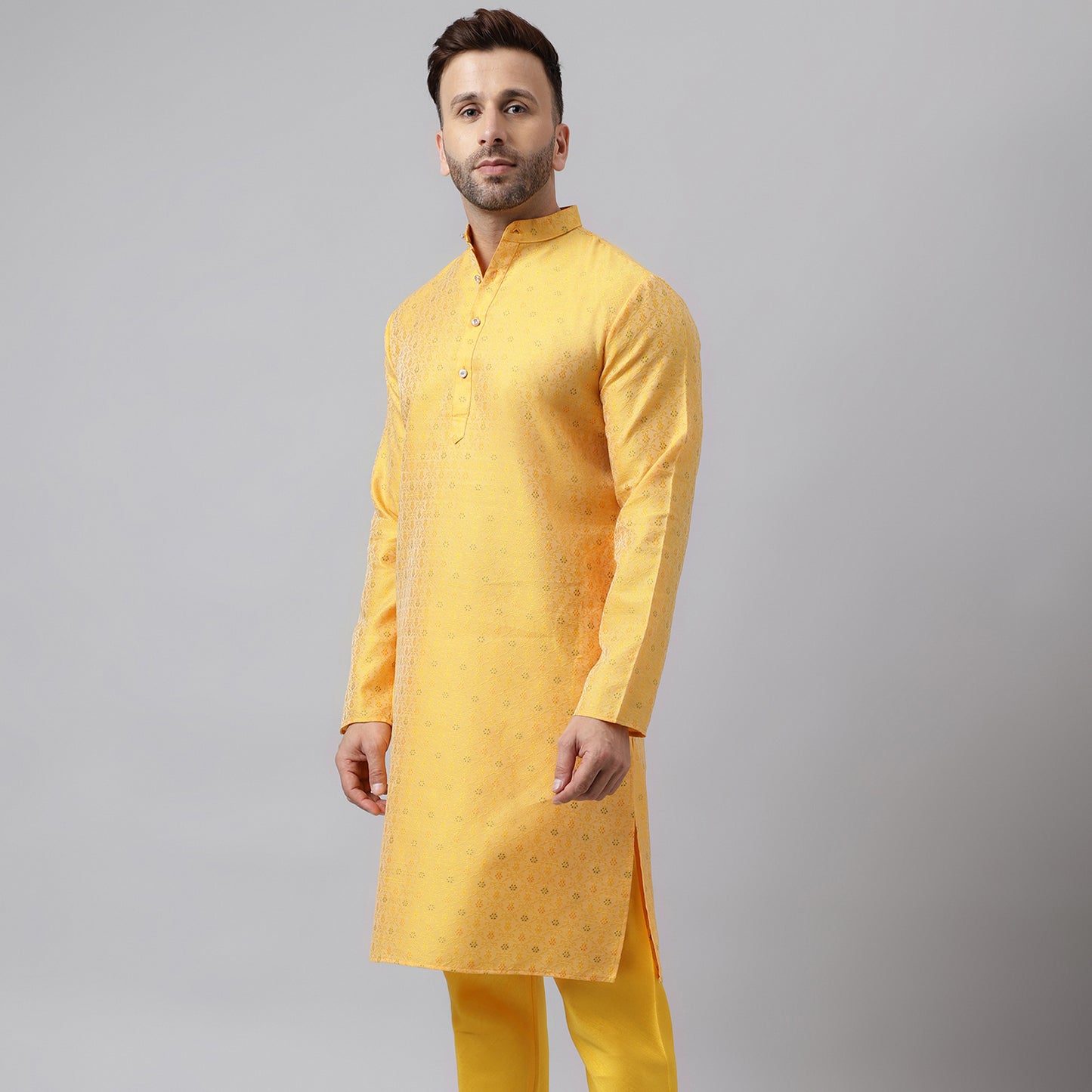 Hangup Men's Ethnic Jacquard Embroidered Yellow Kurta