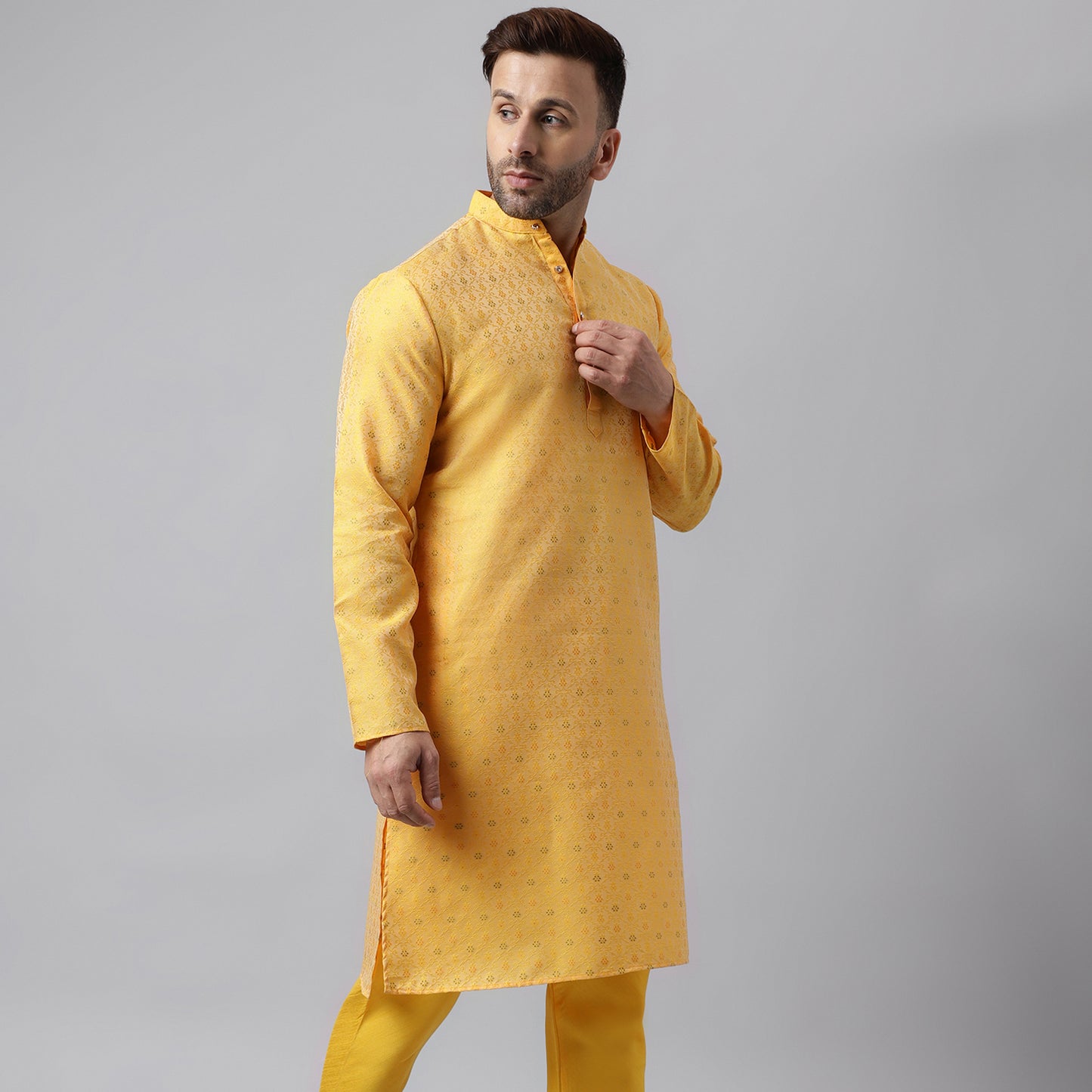 Hangup Men's Ethnic Jacquard Embroidered Yellow Kurta