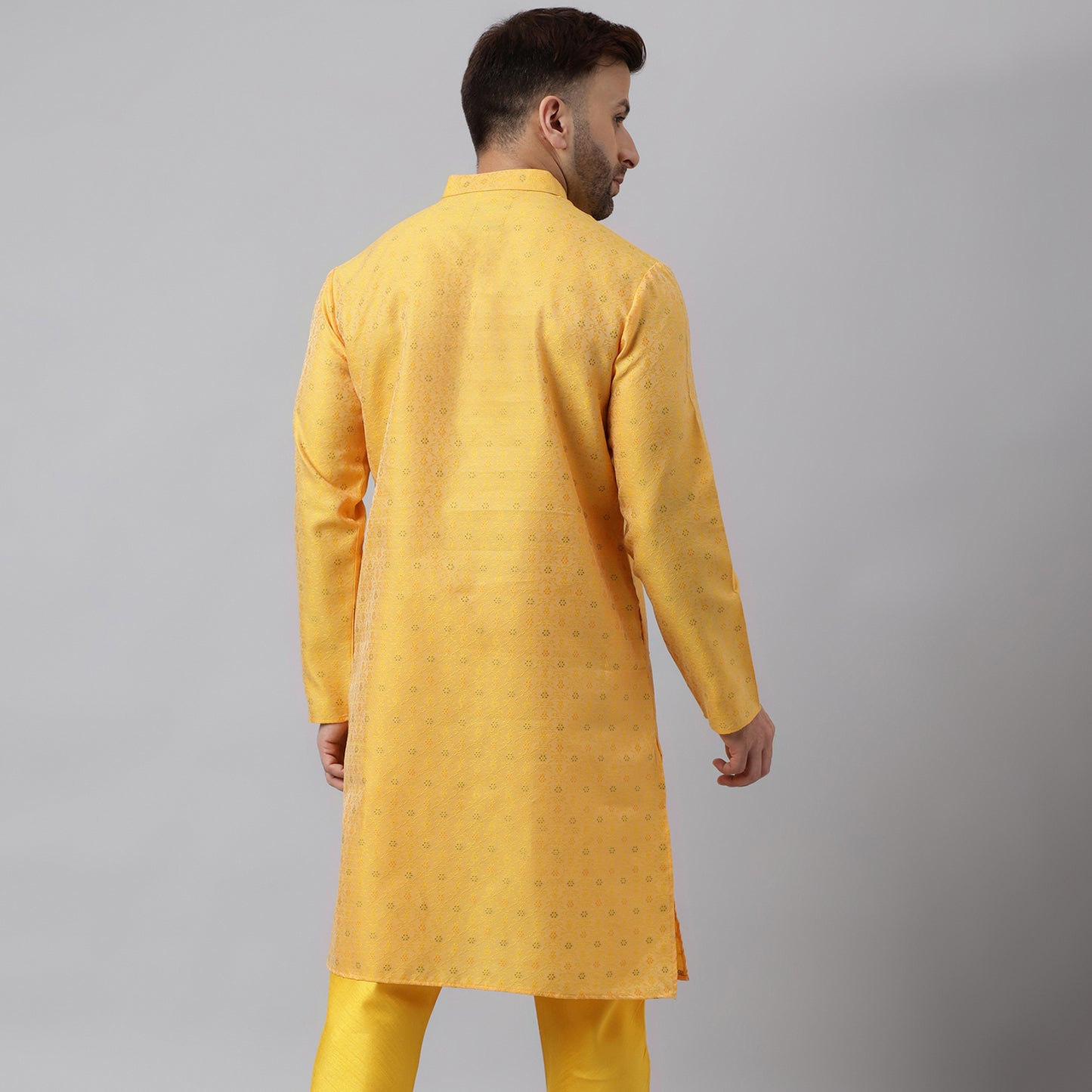 Hangup Men's Ethnic Jacquard Embroidered Yellow Kurta