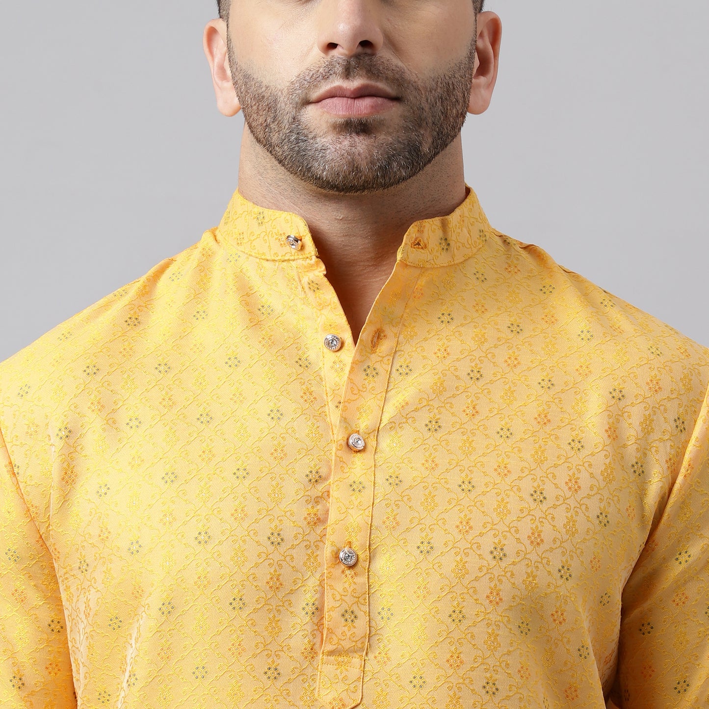 Hangup Men's Ethnic Jacquard Embroidered Yellow Kurta