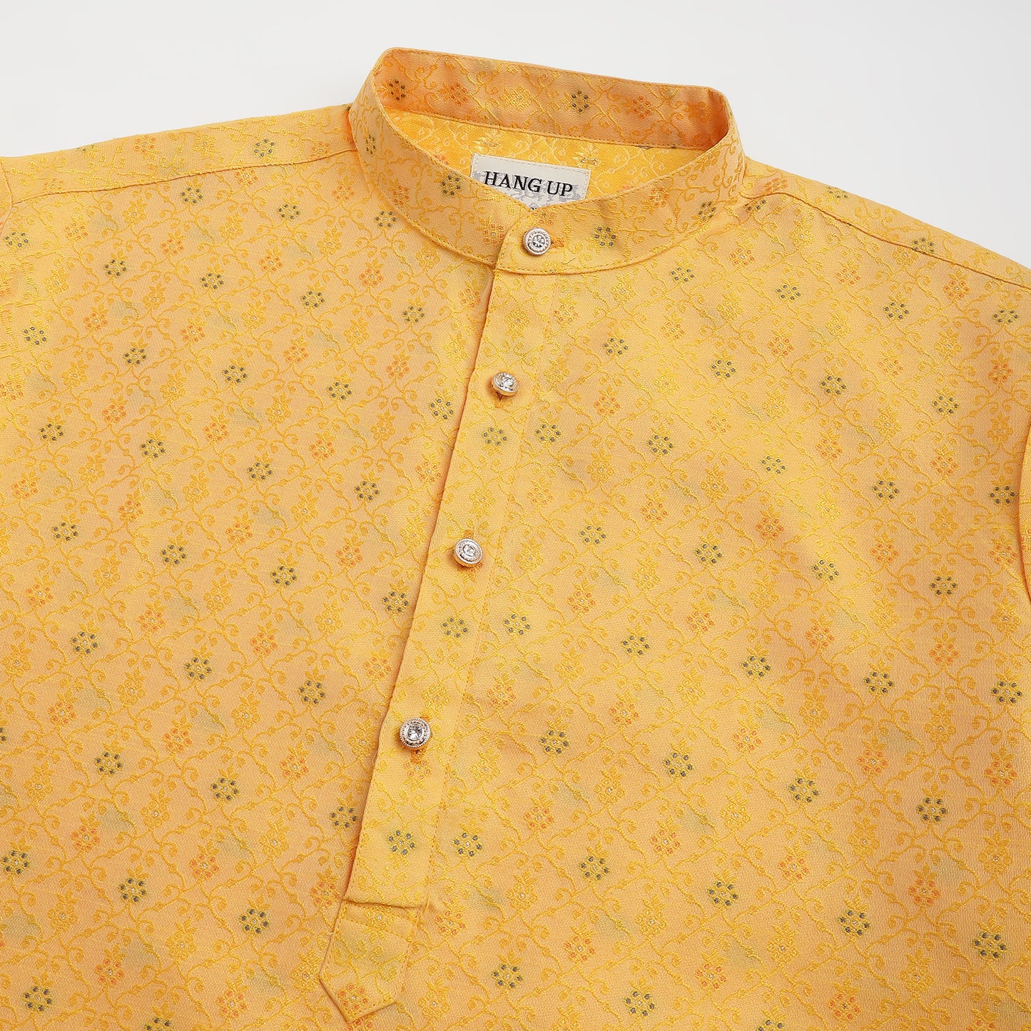 Hangup Men's Ethnic Jacquard Embroidered Yellow Kurta