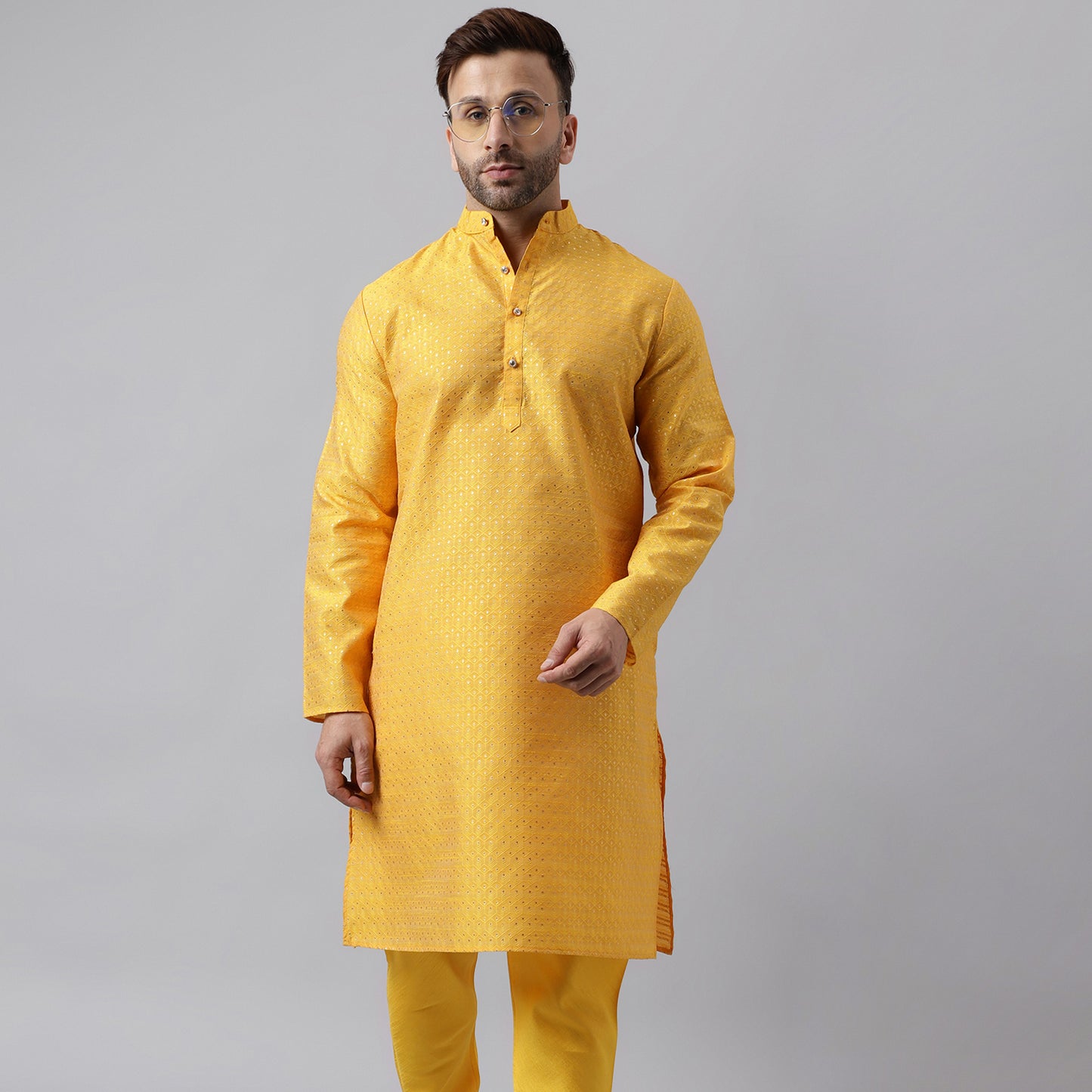 Hangup Men's Ethnic Jacquard Embroidered Yellow Kurta