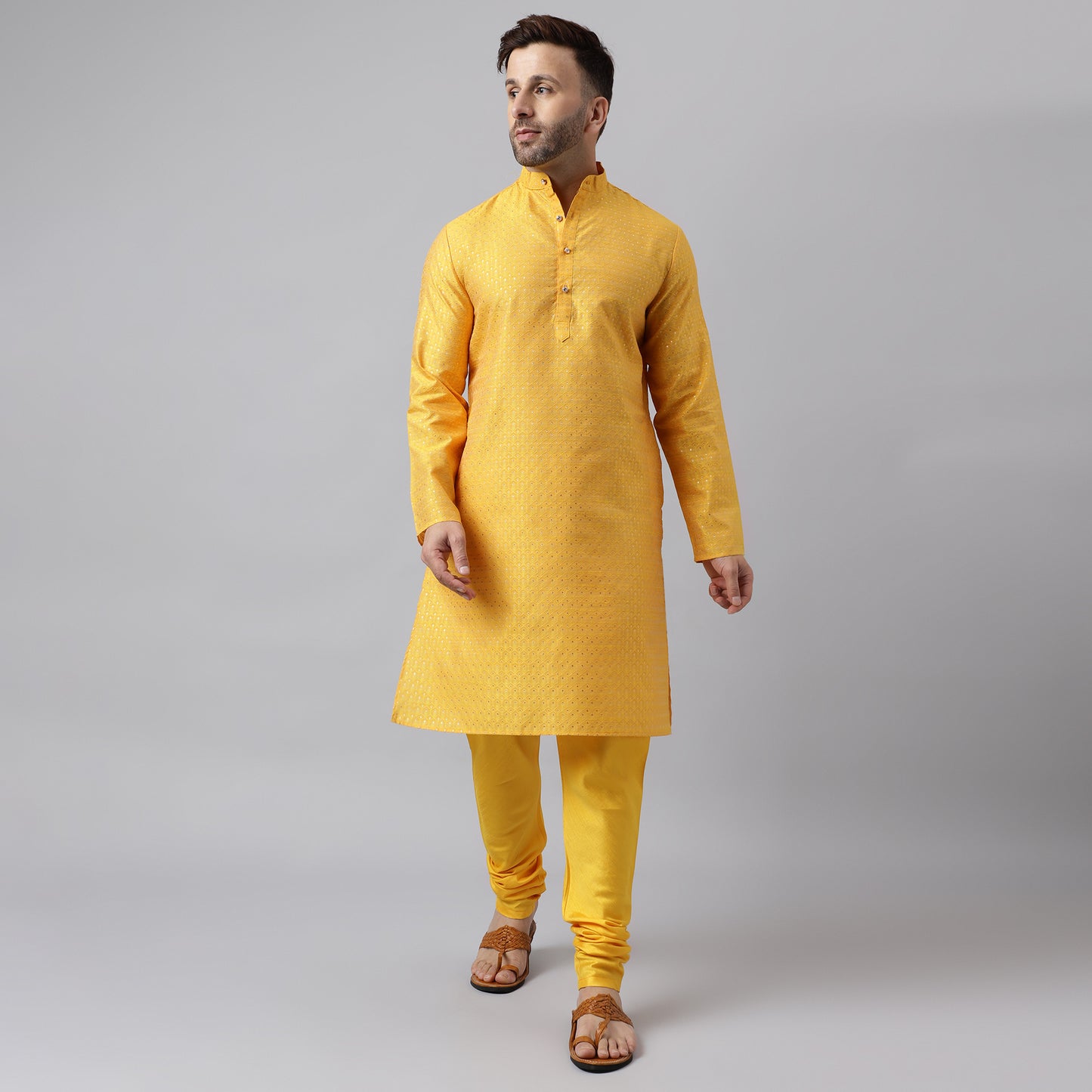 Hangup Men's Ethnic Jacquard Embroidered Yellow Kurta