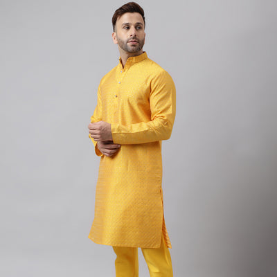 Hangup Men's Ethnic Jacquard Embroidered Yellow Kurta